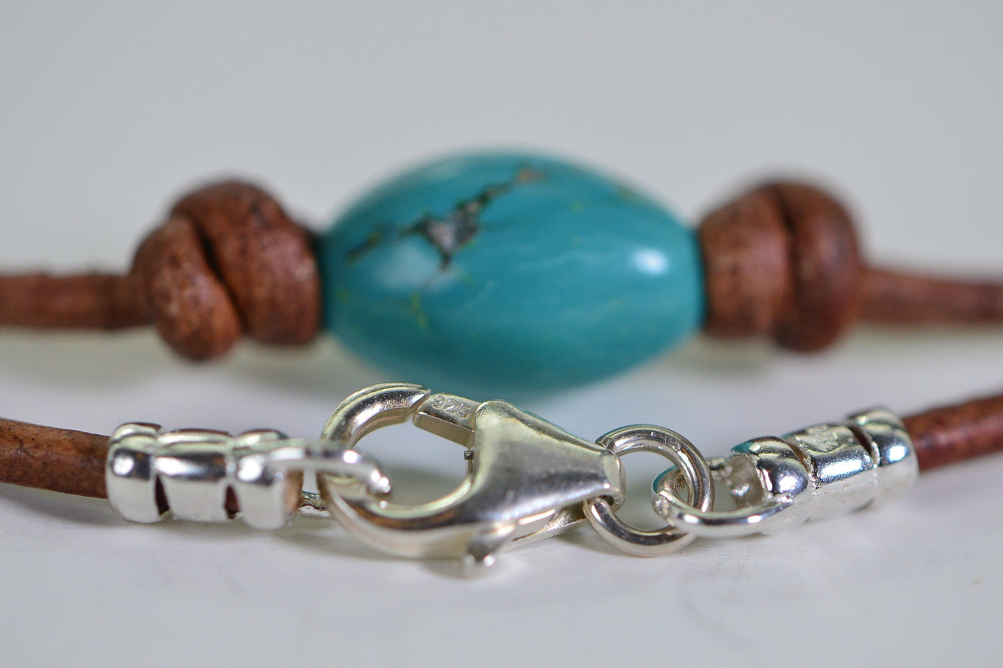 Kingman Turquoise Necklace: Sterling Silver Clasp, Natural Leather Cord