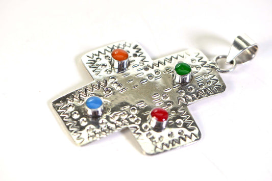 Vintage Native American Sterling Silver Cross: Simulated Turquoise, Lapis, Coral