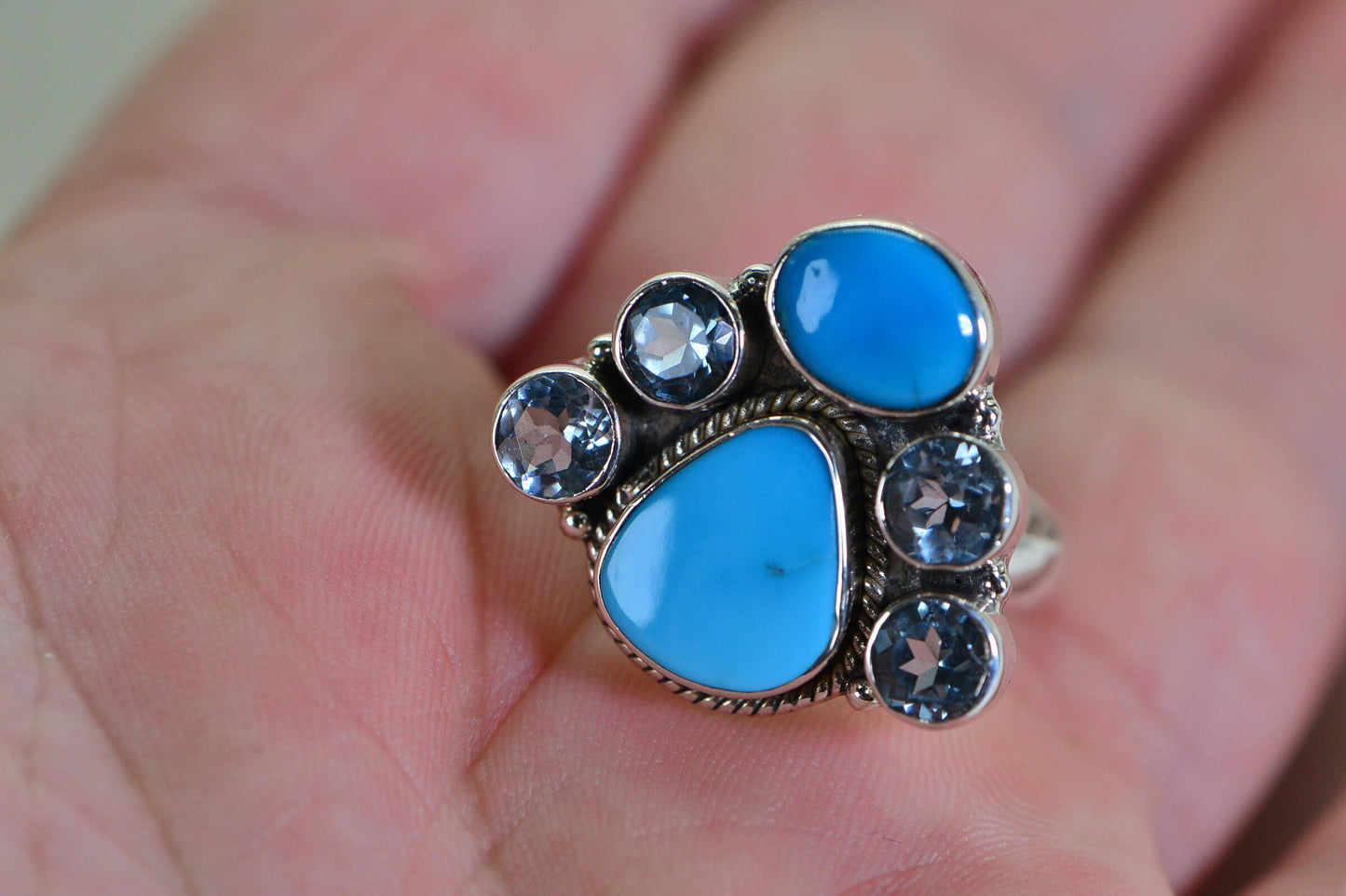 Sleeping Beauty Turquoise & Blue Topaz Sterling Silver Ring - Size 6