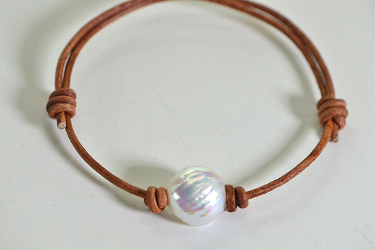 Natural Pearl Coin Bracelet: Leather Cord, Adjustable Knot