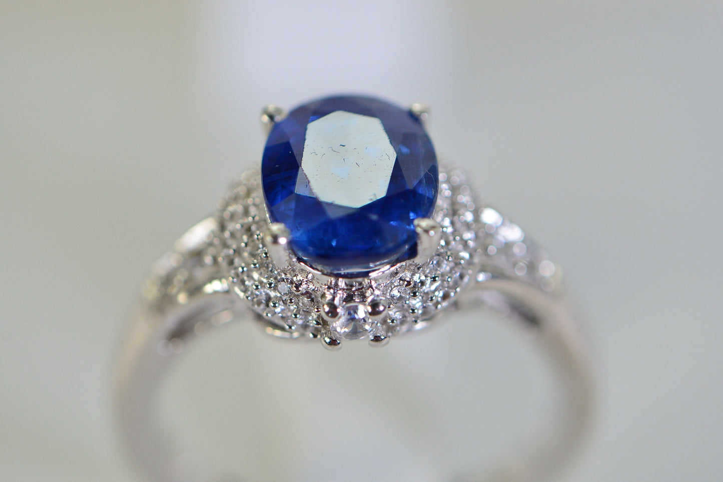 Natural Sapphire Halo Ring: Sterling Silver CZ Accent Engagement Ring