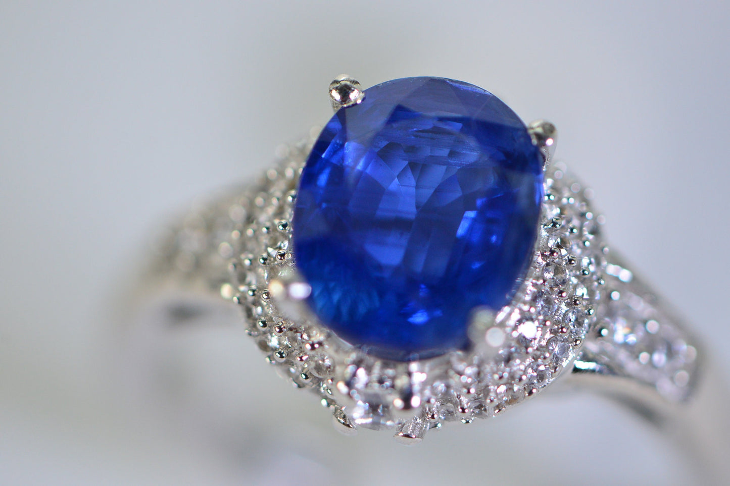 Natural Sapphire Halo Ring: Sterling Silver CZ Accent Engagement Ring