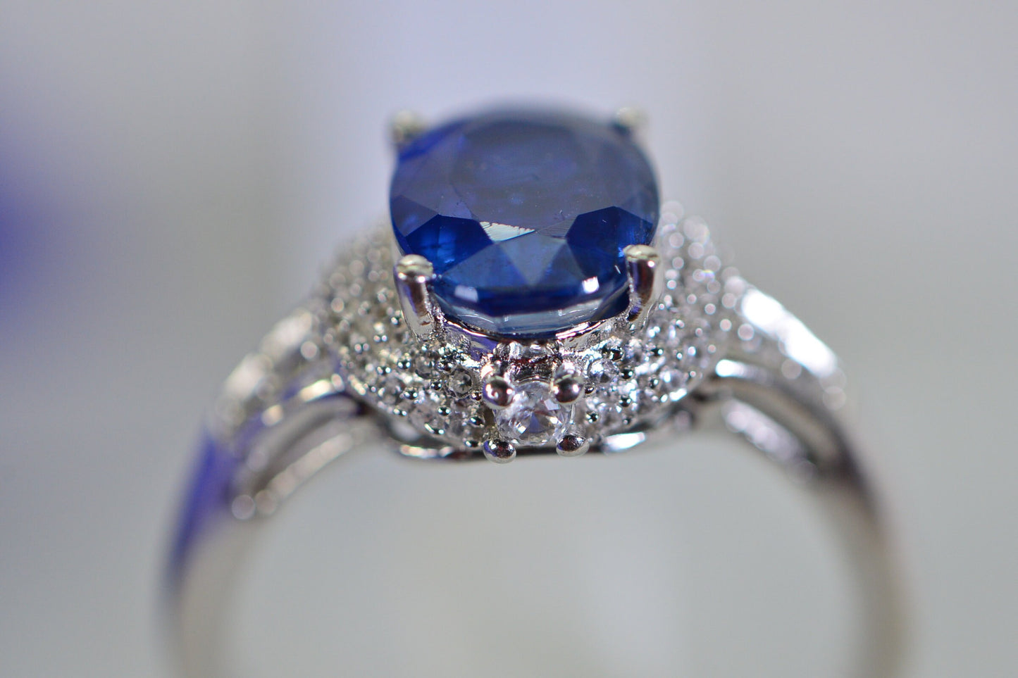 Natural Sapphire Halo Ring: Sterling Silver CZ Accent Engagement Ring