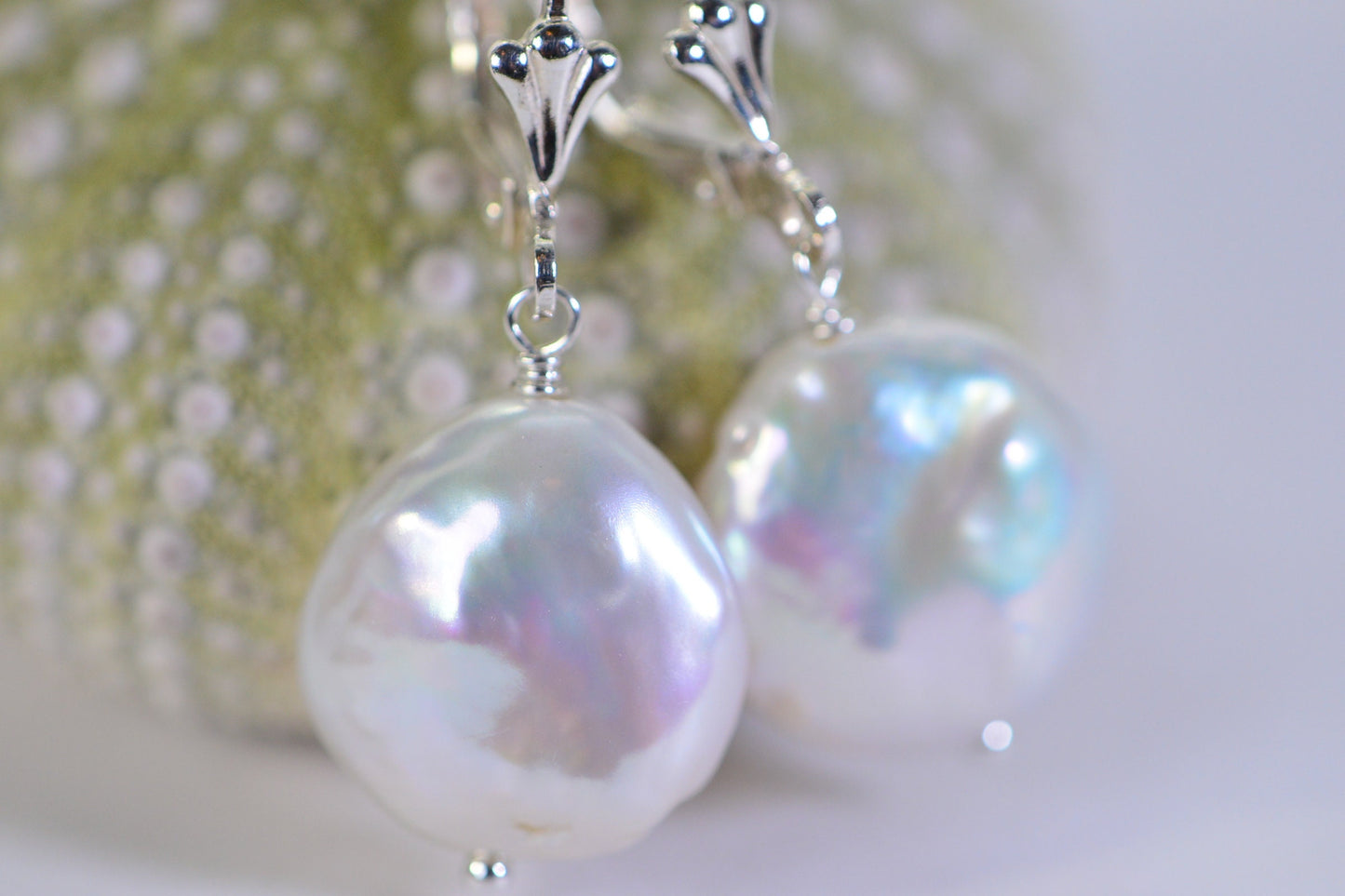 Pearl Dangle Earrings Coin AAA Pearl 14 mm Sterling silver Wire Wrapped