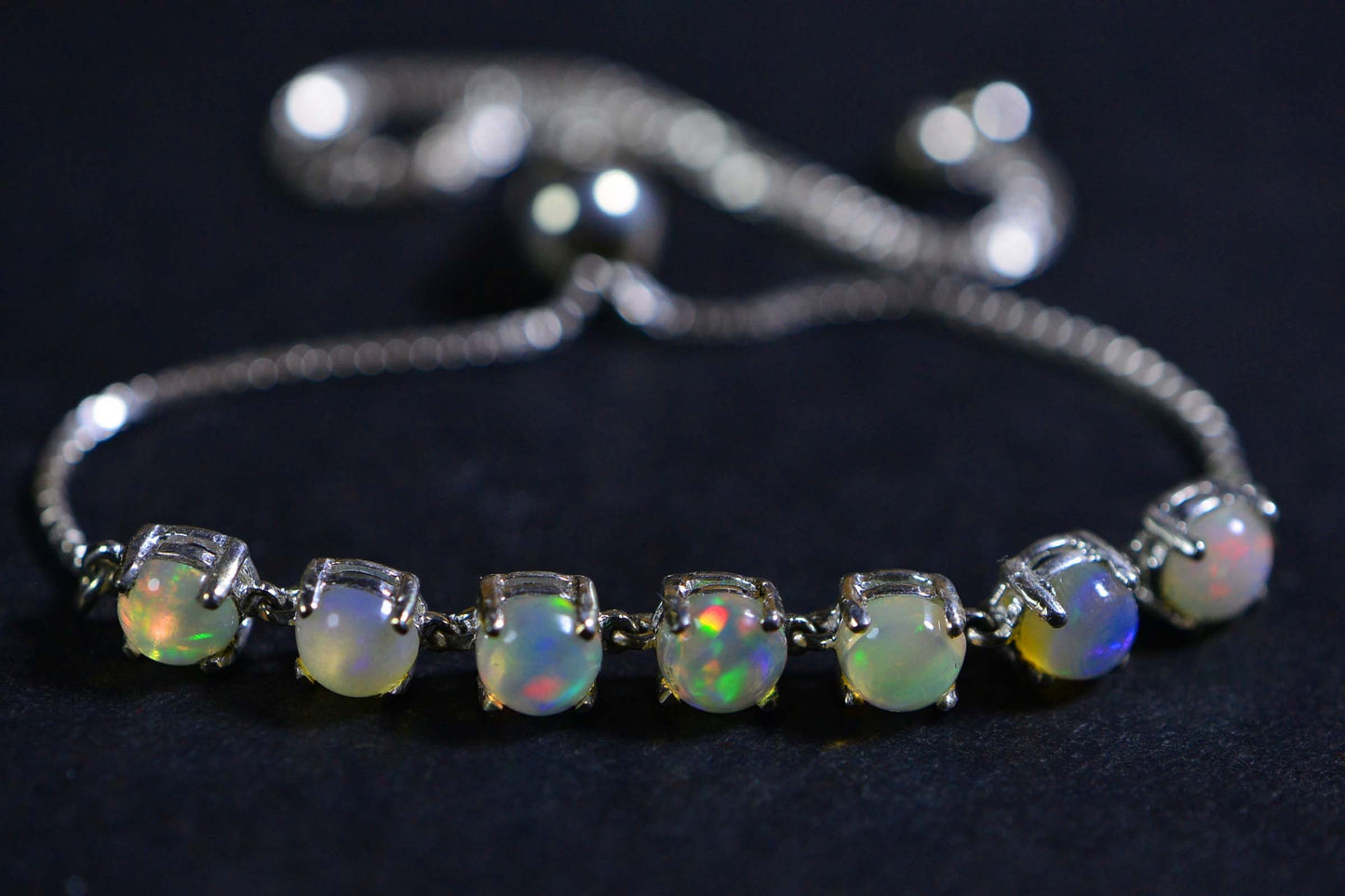 Ethiopian Welo Opal Bracelet: 925 Sterling Silver Bolo Adjustable Chain