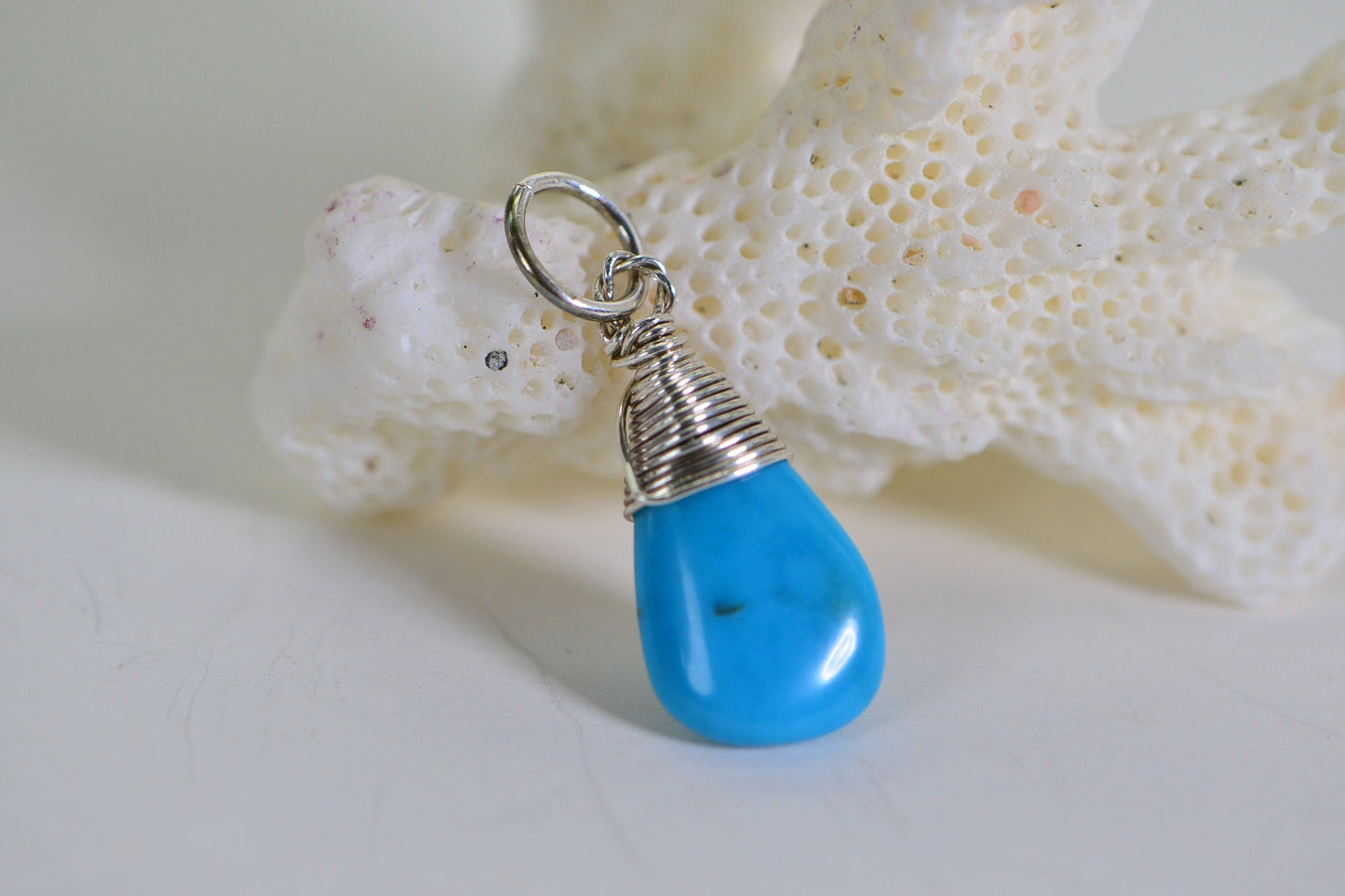 Sleeping Beauty Turquoise Drop Pendant Wire Wrapped Sterling silver Birthstone Charm