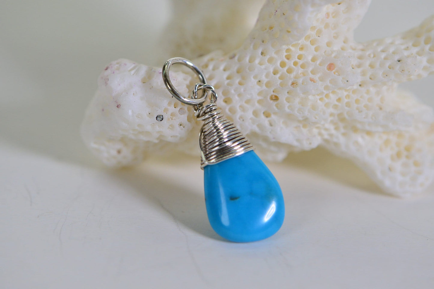 Sleeping Beauty Turquoise Drop Pendant Wire Wrapped Sterling silver Birthstone Charm