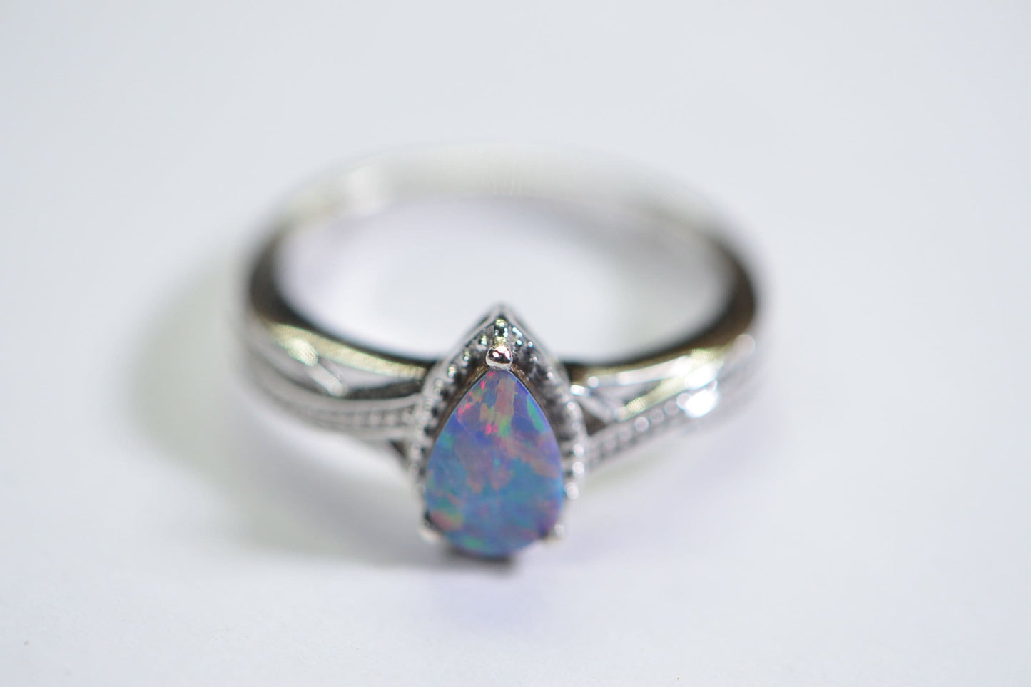Australian Opal Ring: Teardrop Sterling Silver Stacking Band