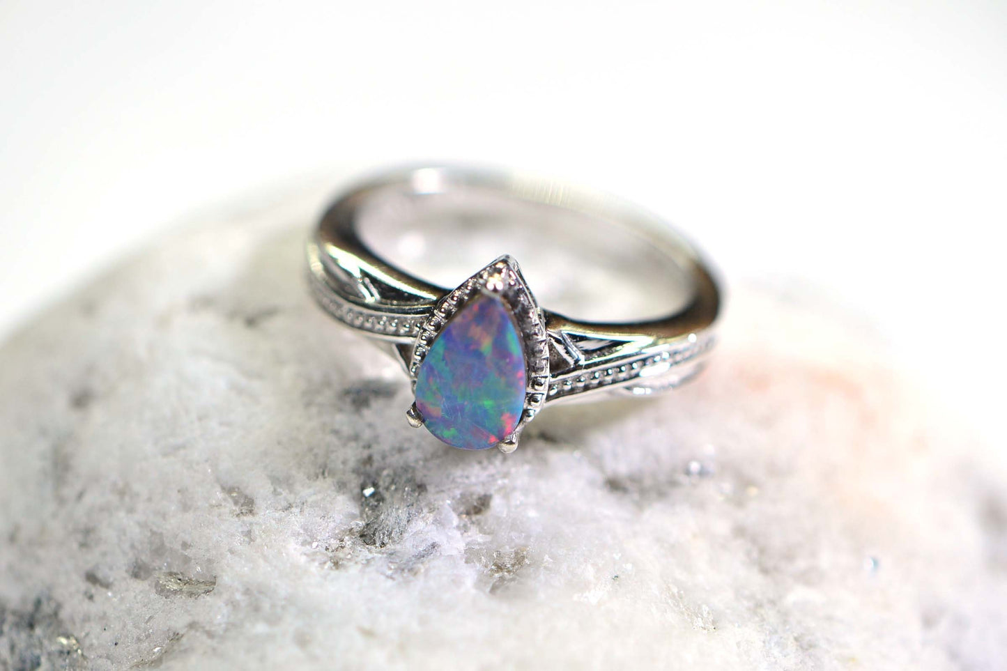 Australian Opal Ring: Teardrop Sterling Silver Stacking Band