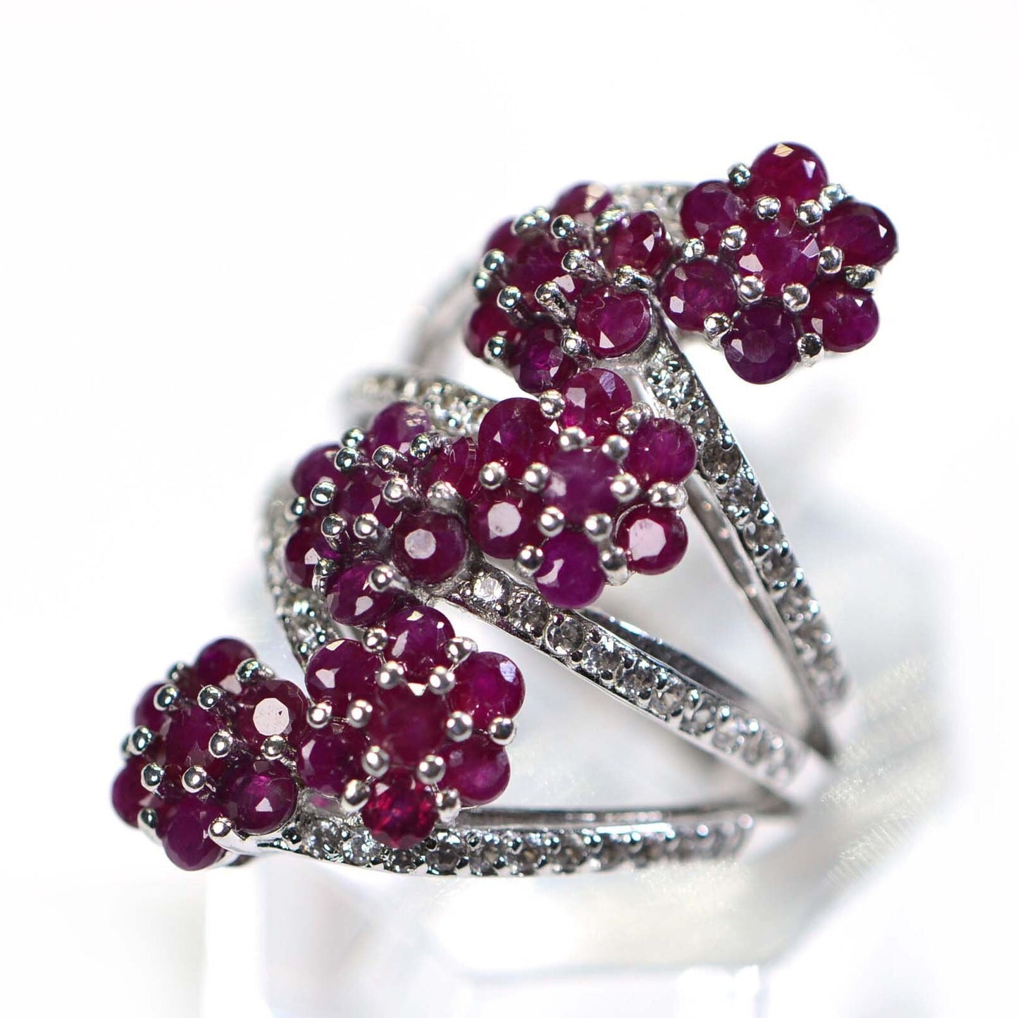 Ruby Flower Cluster Ring: 14K White Gold & Sterling Silver Cocktail Ring