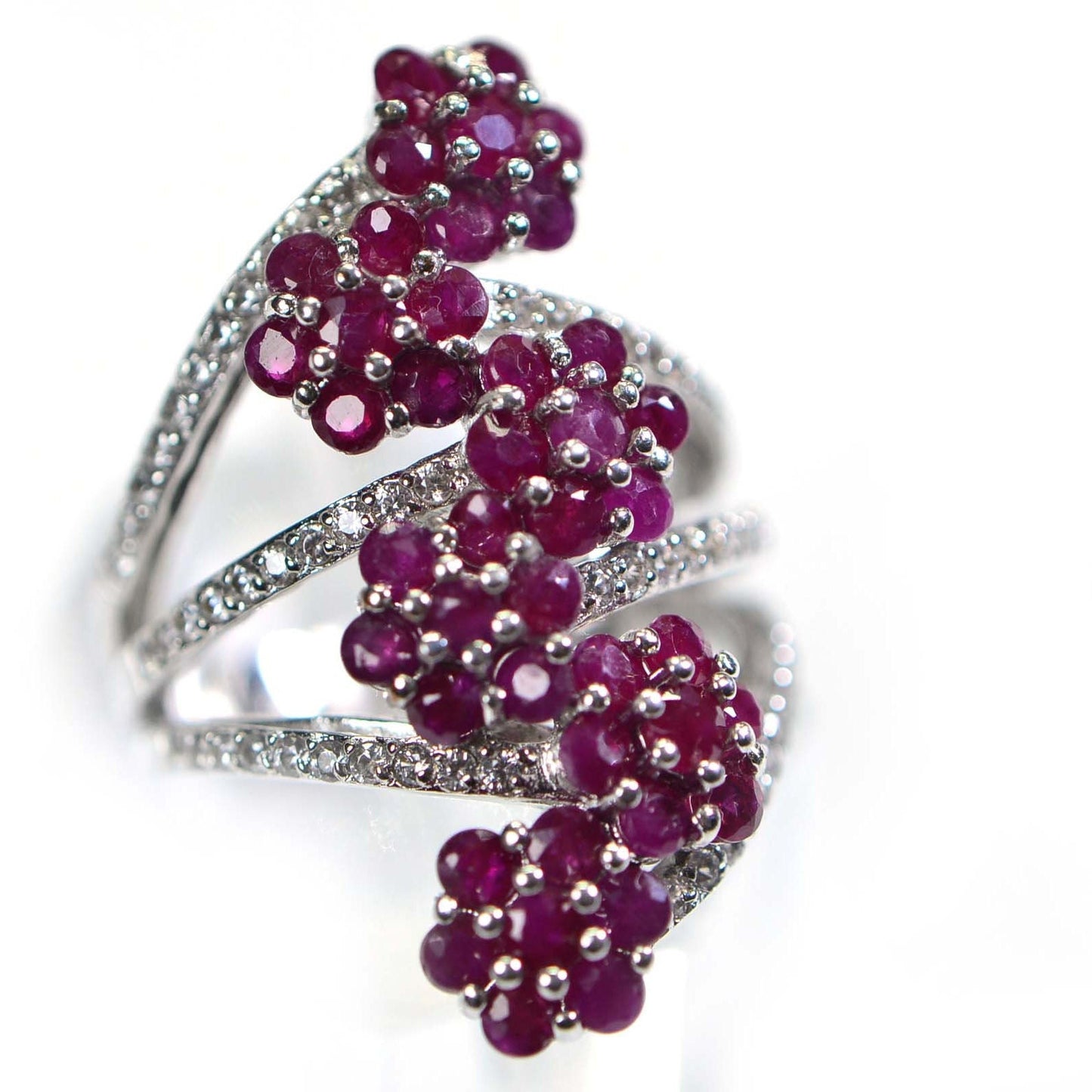 Ruby Flower Cluster Ring: 14K White Gold & Sterling Silver Cocktail Ring
