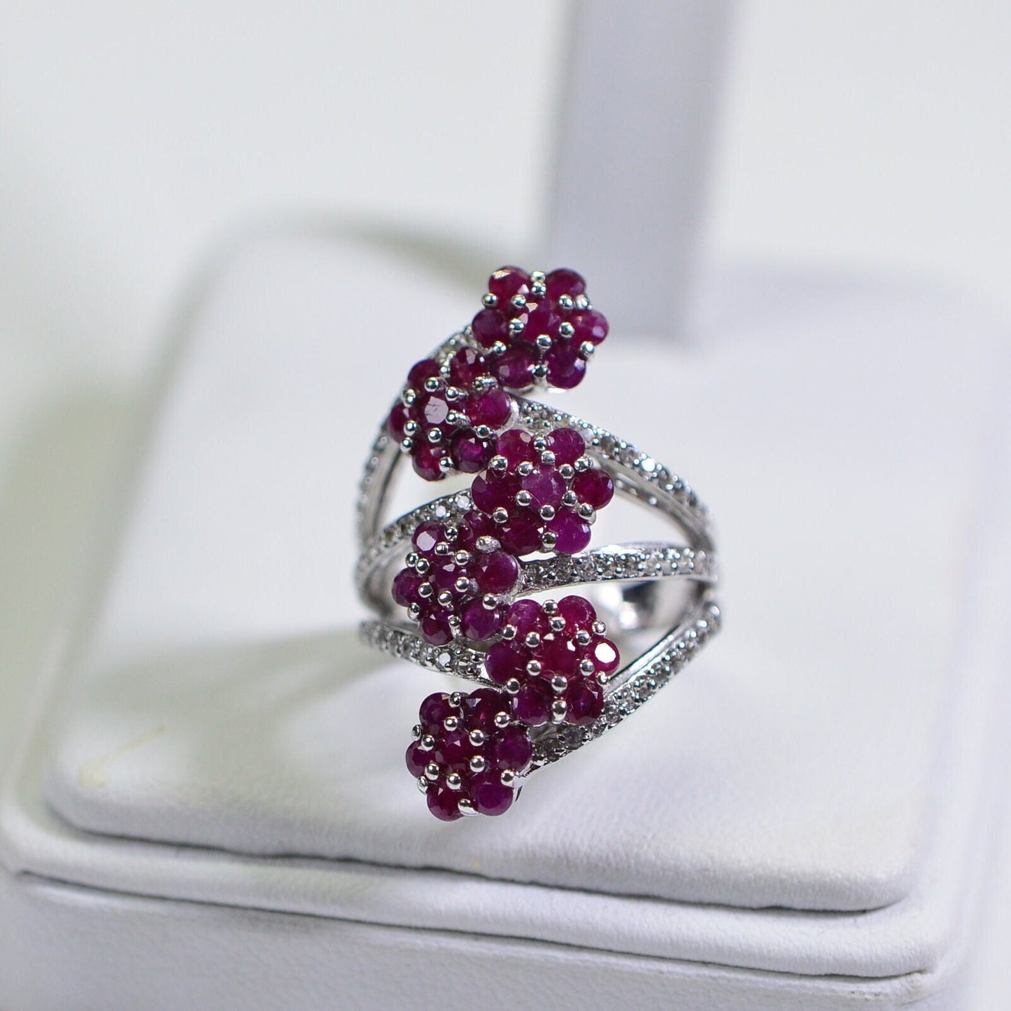 Ruby Flower Cluster Ring: 14K White Gold & Sterling Silver Cocktail Ring
