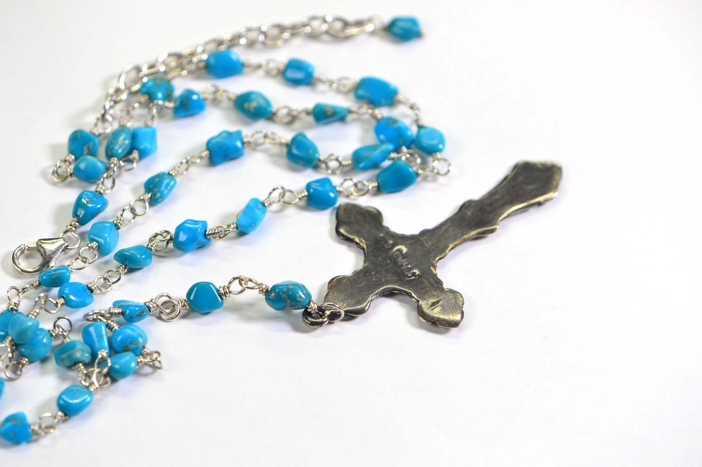 Sleeping Beauty Turquoise Rosary Necklace: Sterling Silver Cross, December Birthstone