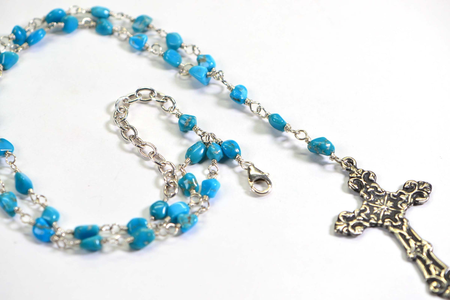 Sleeping Beauty Turquoise Rosary Necklace: Sterling Silver Cross, December Birthstone