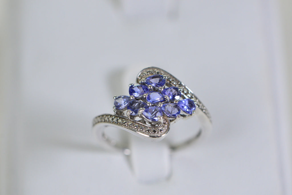 Tanzanite Pear Cut Cluster Ring: Sterling Silver December Birthstone Gift