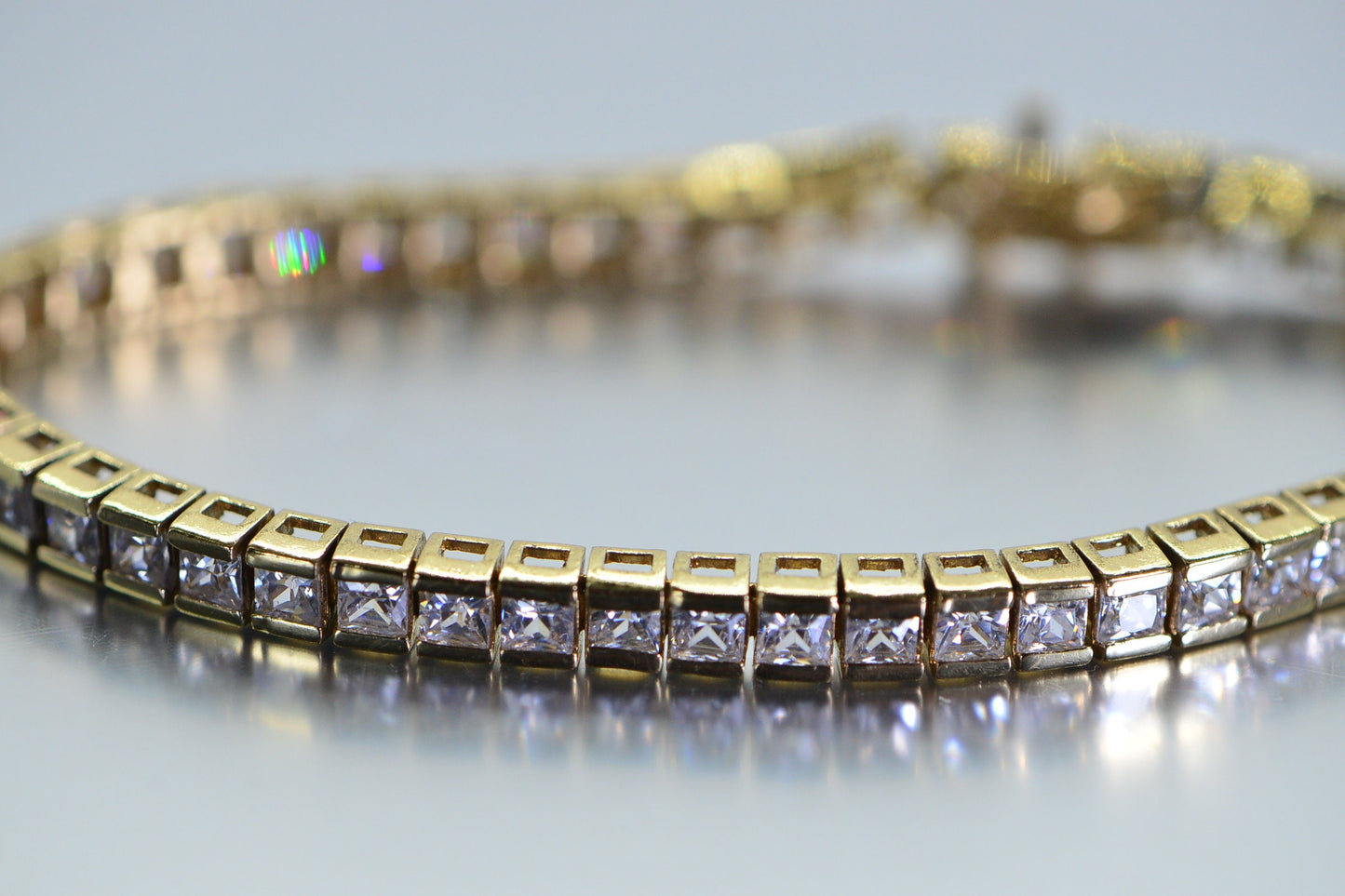 Princess Cut Cubic Zirconia Tennis Bracelet: 14K Yellow Gold Over Sterling Silver, 6.5 Inch