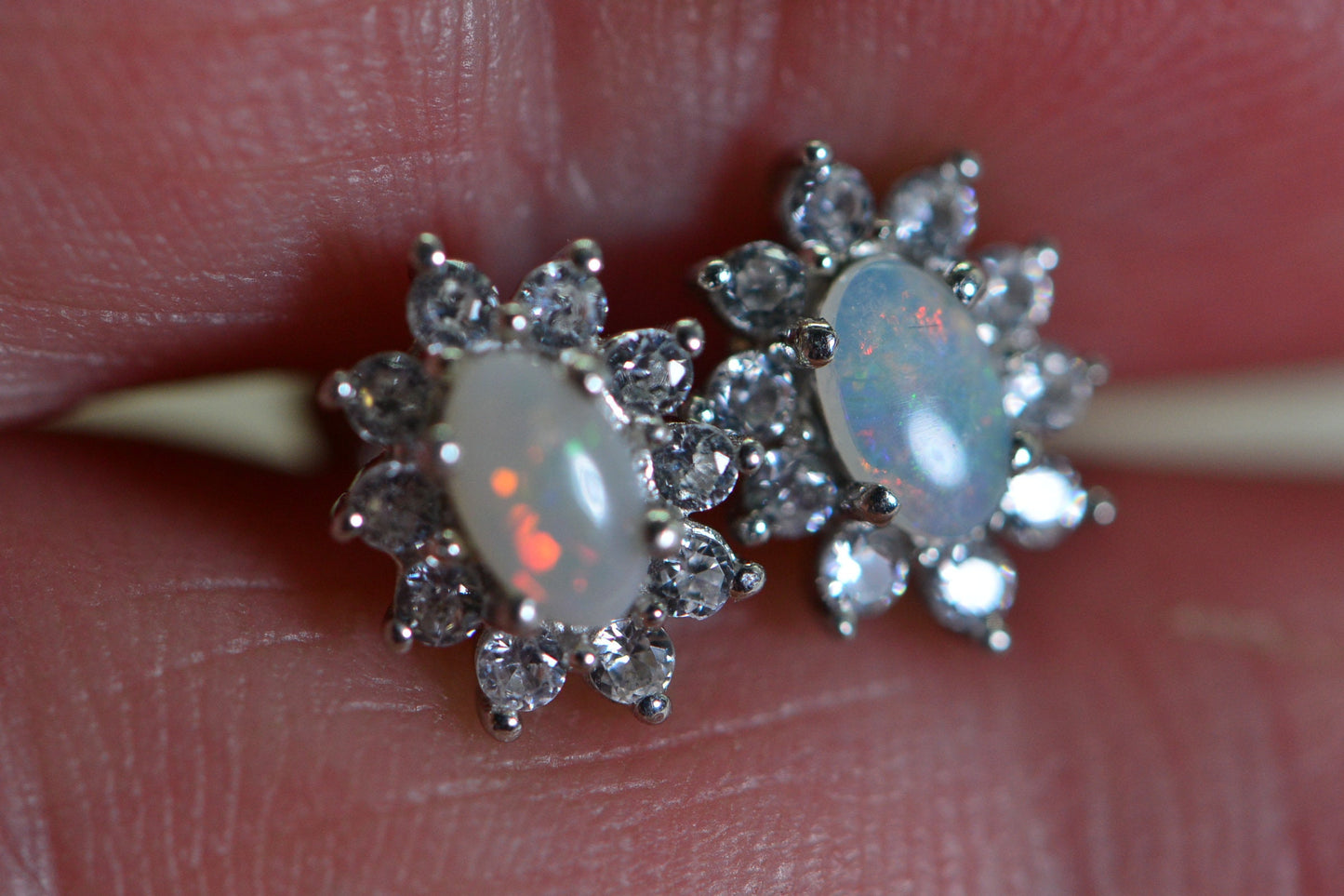 Australian Opal Stud Earrings: Sterling Silver Halo, October Birthstone