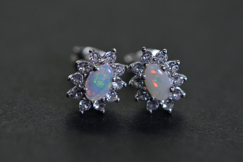 Australian Opal Stud Earrings: Sterling Silver Halo, Handmade Jewelry