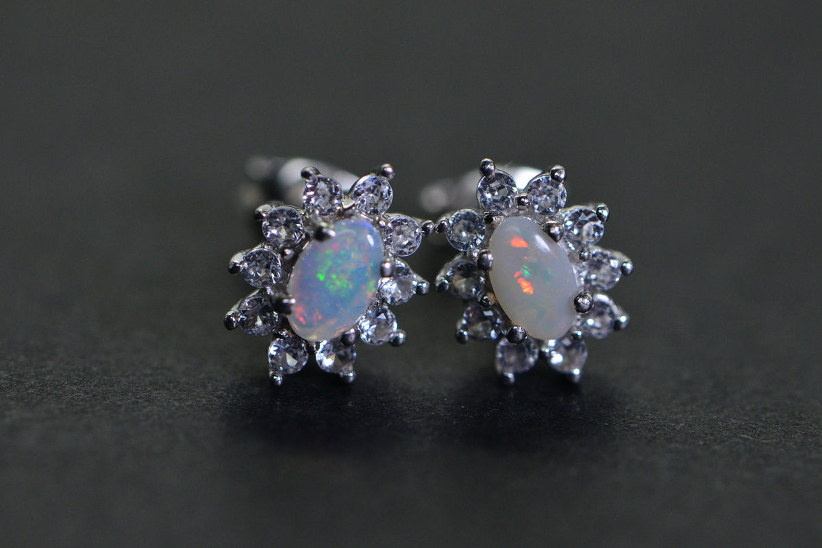Australian Opal Stud Earrings: Sterling Silver Halo, Handmade Jewelry
