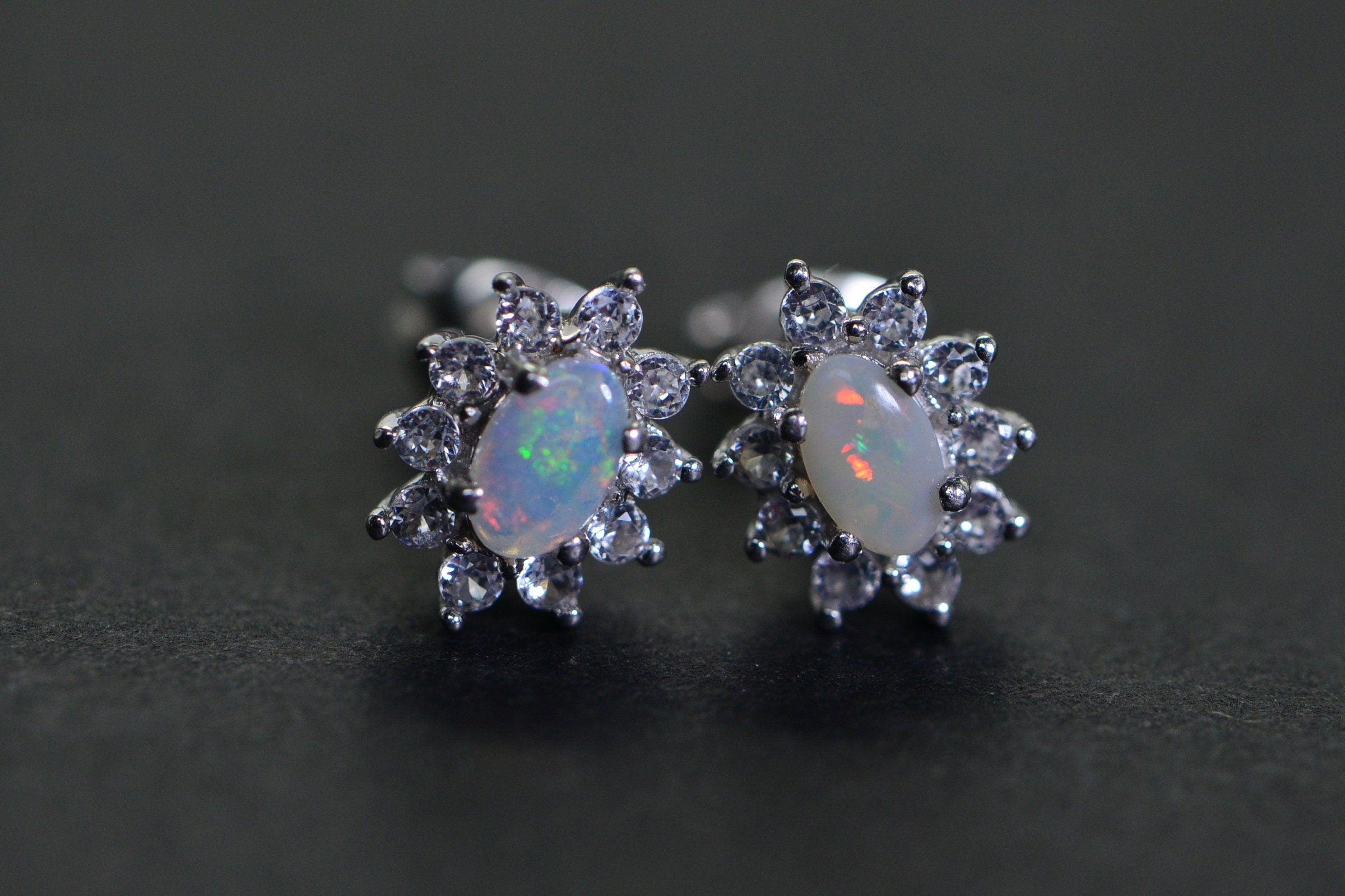 Australian Opal Stud Earrings: Sterling Silver Halo, Handmade Jewelry