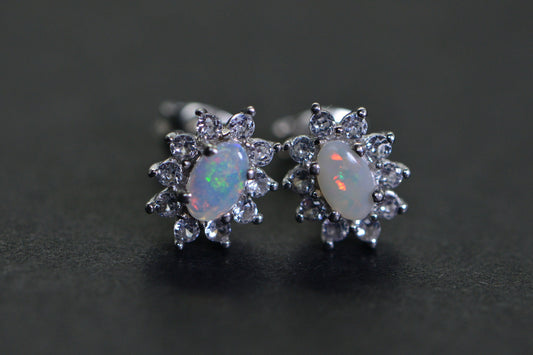 Australian Opal Stud Earrings: Sterling Silver Halo, Handmade Jewelry