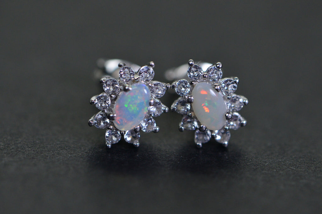 Australian Opal Stud Earrings: Sterling Silver Halo, Handmade Jewelry