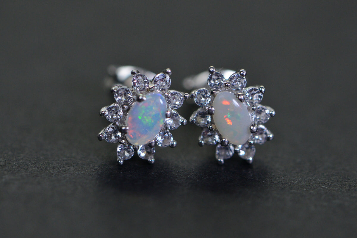 Australian Opal Stud Earrings: Sterling Silver Halo, Handmade Jewelry