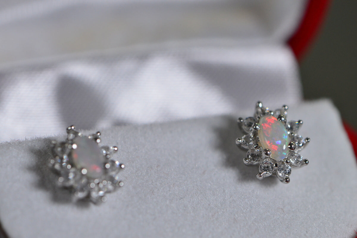 Australian Opal Stud Earrings: Sterling Silver Halo, Handmade Jewelry