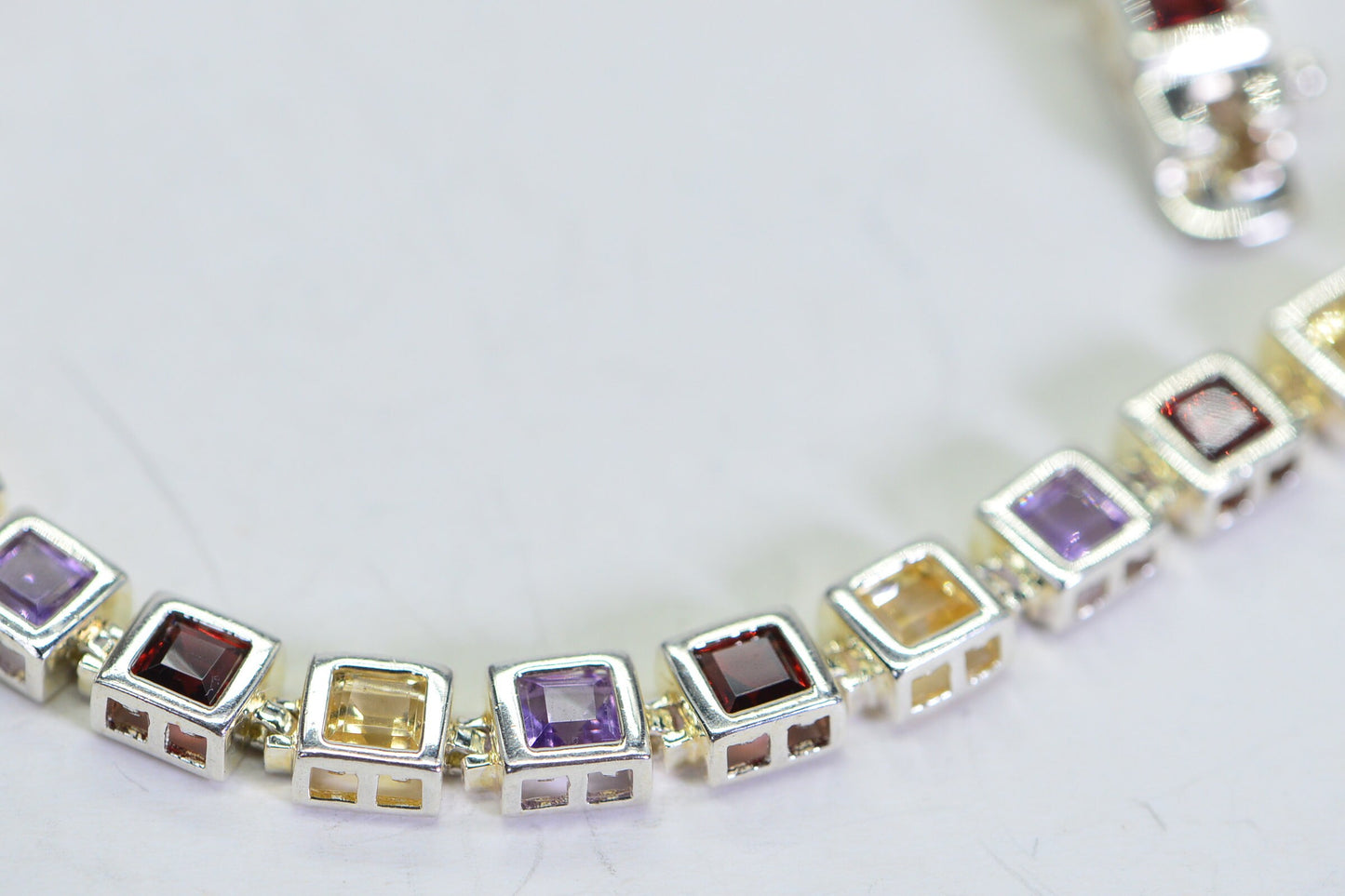 Multi Gemstone Tennis Bracelet: Princess Cut Sterling Silver Bezel Bracelet