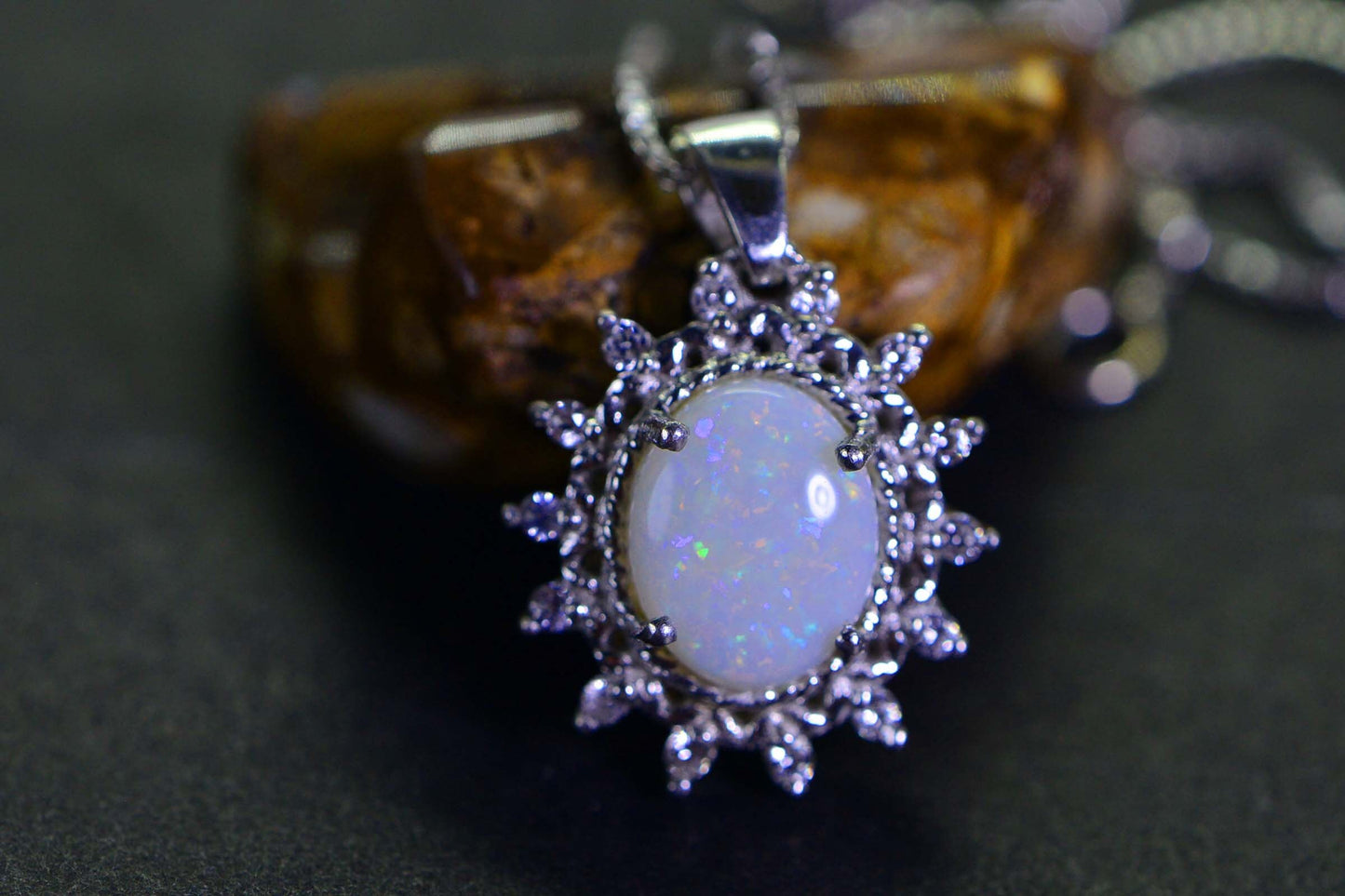 Australian Opal Flower Pendant: 14K White Gold over Sterling Silver
