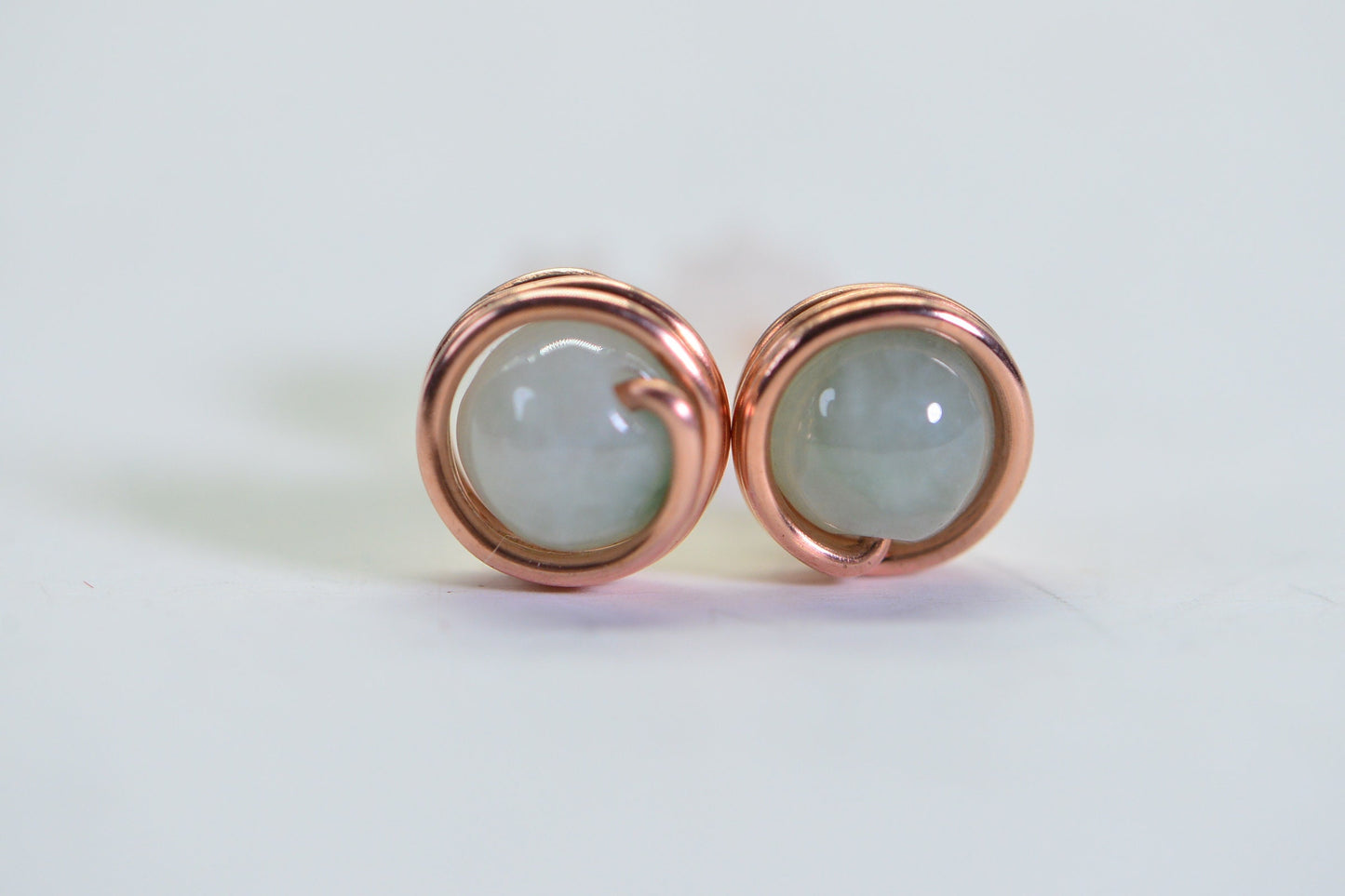 Handmade Copper Wire Wrapped Burma Jade Stud Earrings