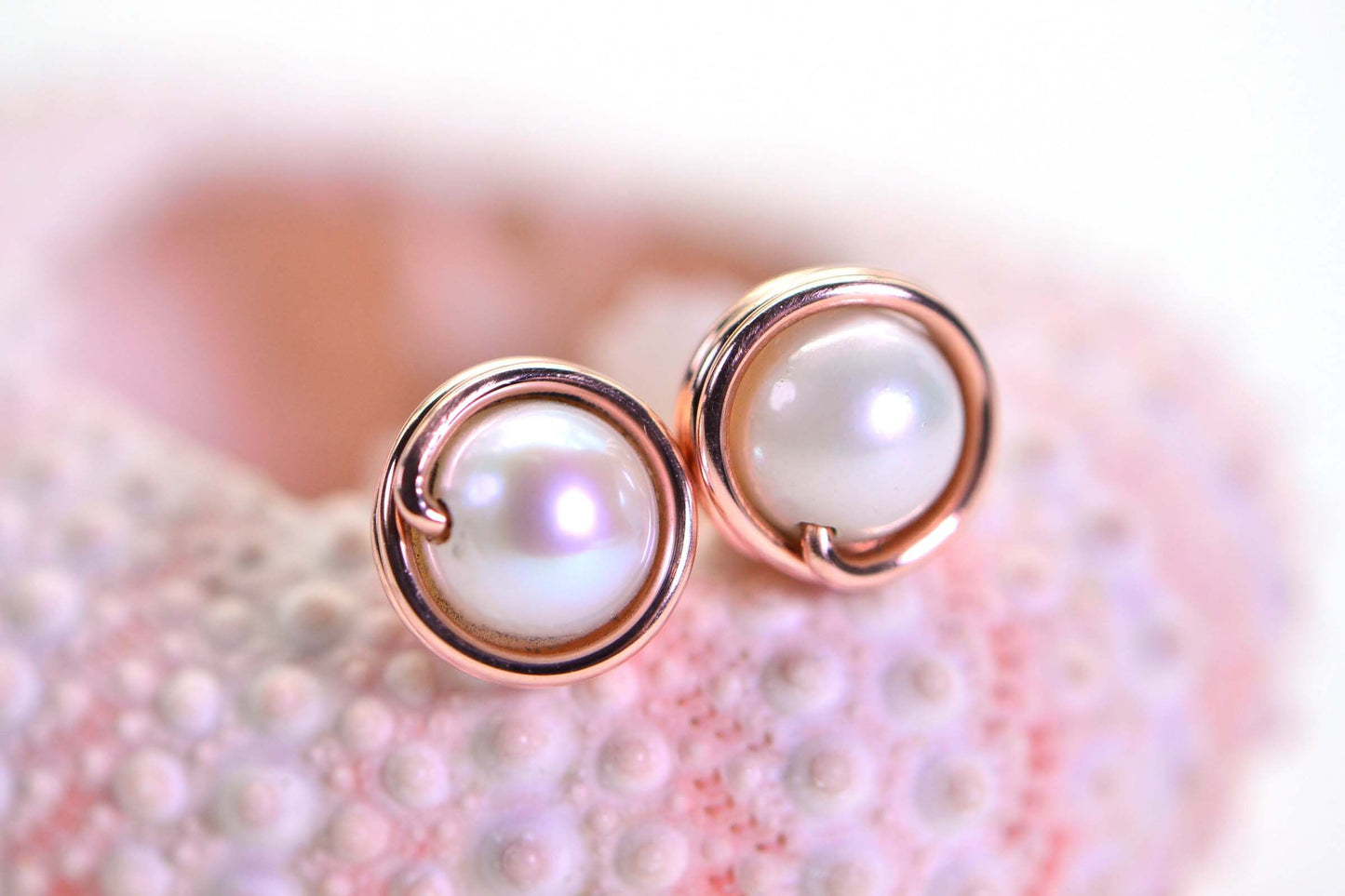 Natural White Pearl Handmade Copper Wire Wrapped Pearl Stud Earrings
