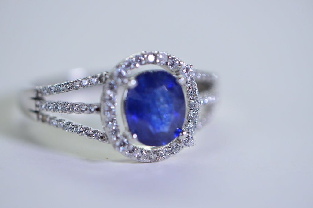 Blue Sapphire Halo Ring: Simulated Diamond, 14K White Gold Over Sterling Silver