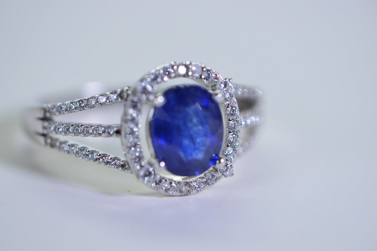Blue Sapphire Halo Ring: Simulated Diamond, 14K White Gold Over Sterling Silver
