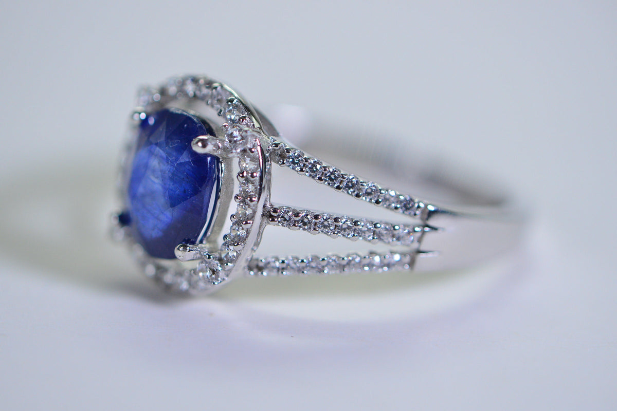 Blue Sapphire Halo Ring: Simulated Diamond, 14K White Gold Over Sterling Silver