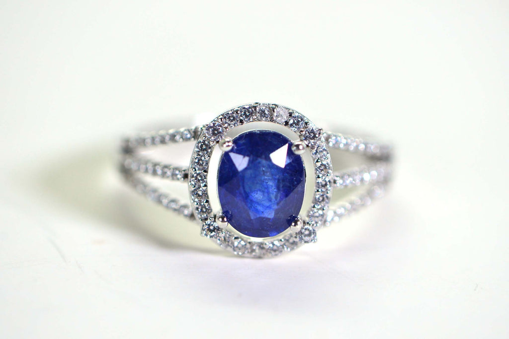 Blue Sapphire Halo Ring: Simulated Diamond, 14K White Gold Over Sterling Silver