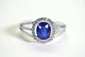 Blue Sapphire Halo Ring: Simulated Diamond, 14K White Gold Over Sterling Silver