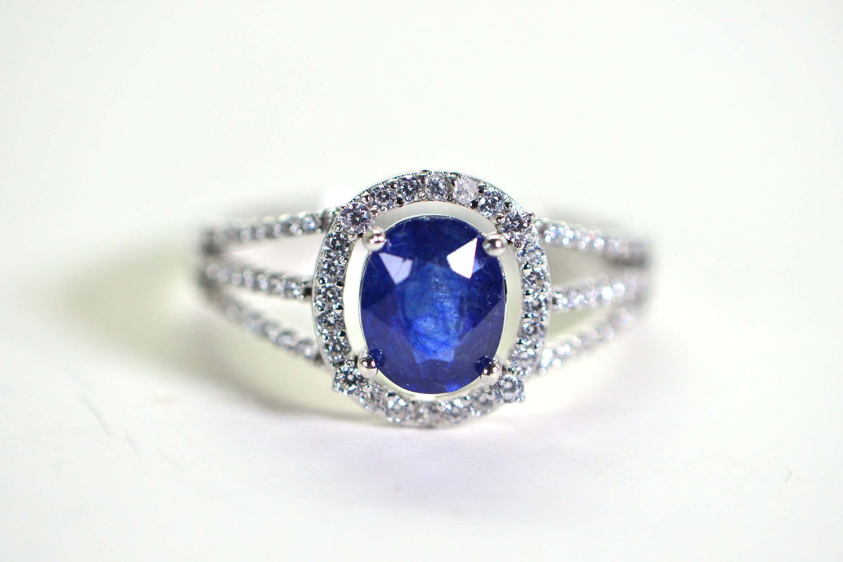 Blue Sapphire Halo Ring: Simulated Diamond, 14K White Gold Over Sterling Silver