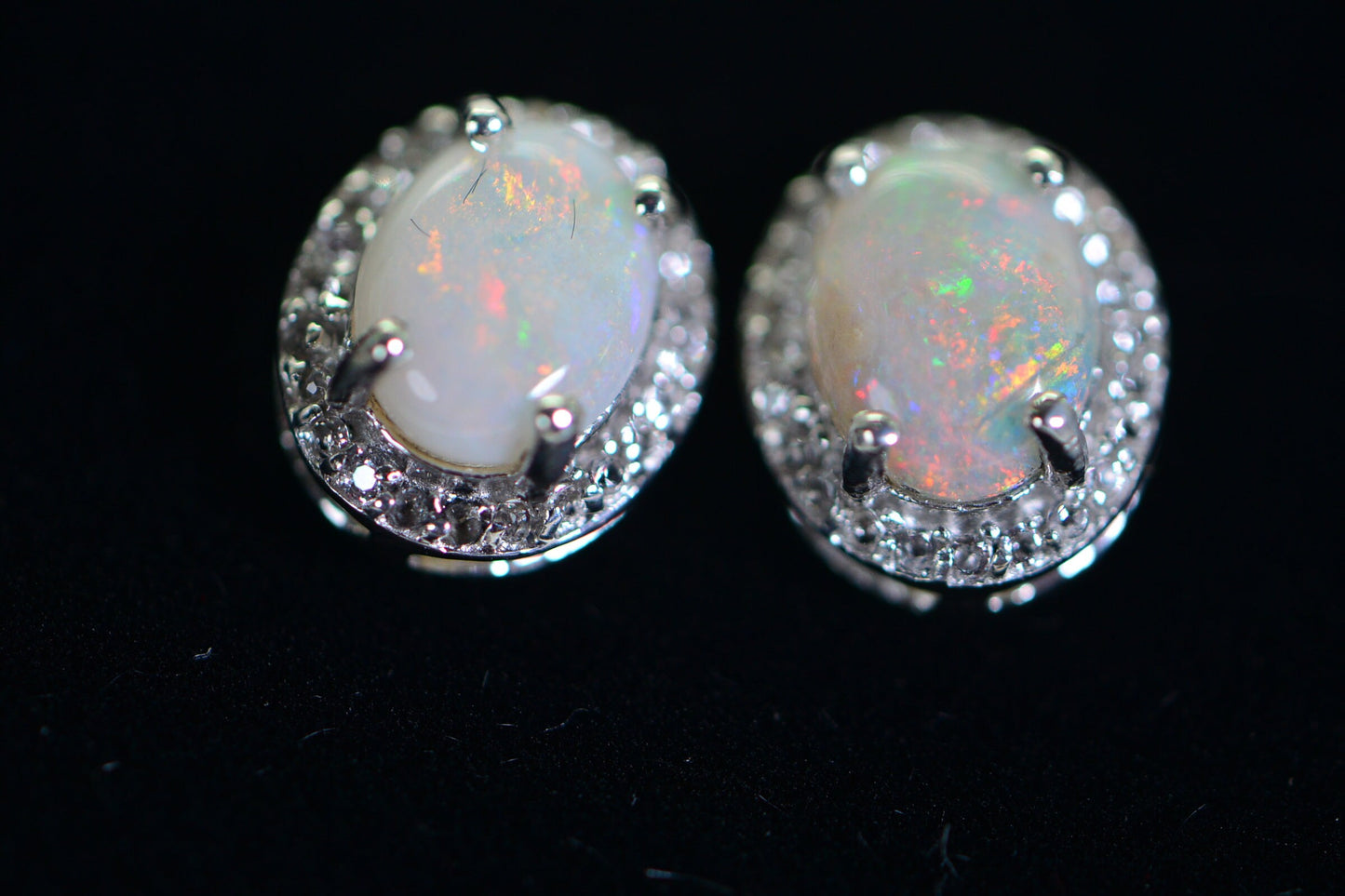 Australian White Opal Stud Earrings, Halo Diamond, October Birthstone