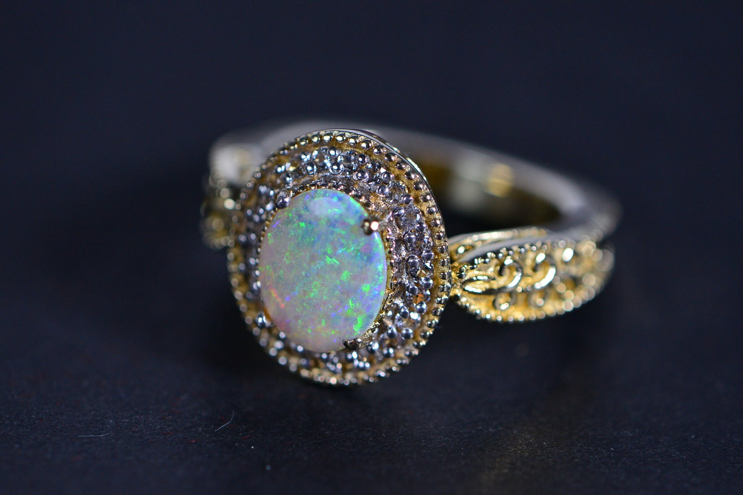 Australian White Opal Ring: Simulated Diamond Halo, 14K Gold Over Sterling Silver