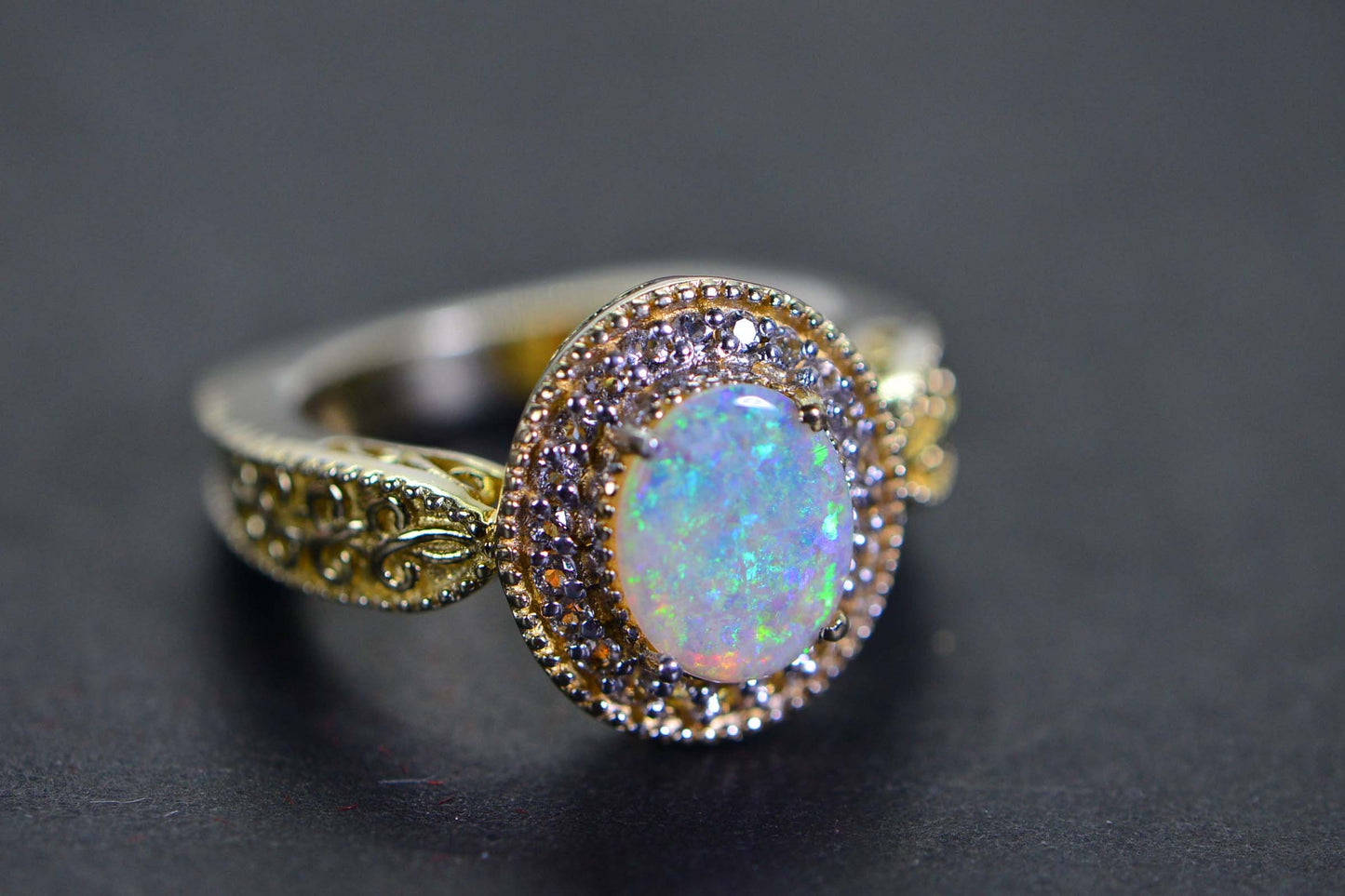 Australian White Opal Ring: Simulated Diamond Halo, 14K Gold Over Sterling Silver
