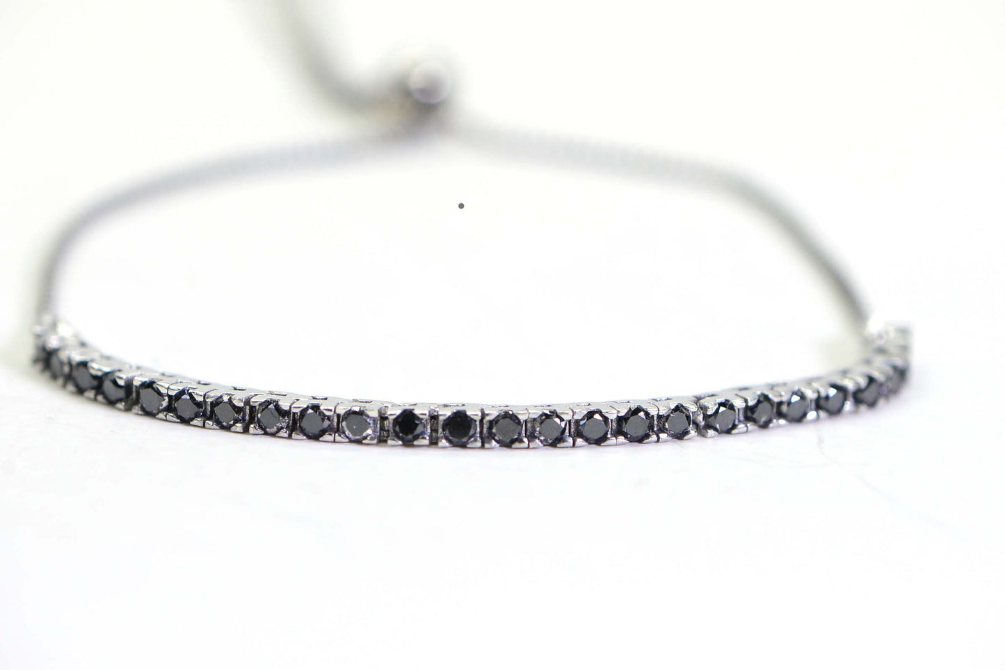 Black Diamond Tiny Bracelet: Round Cut, Sterling Silver Bolo Bracelet