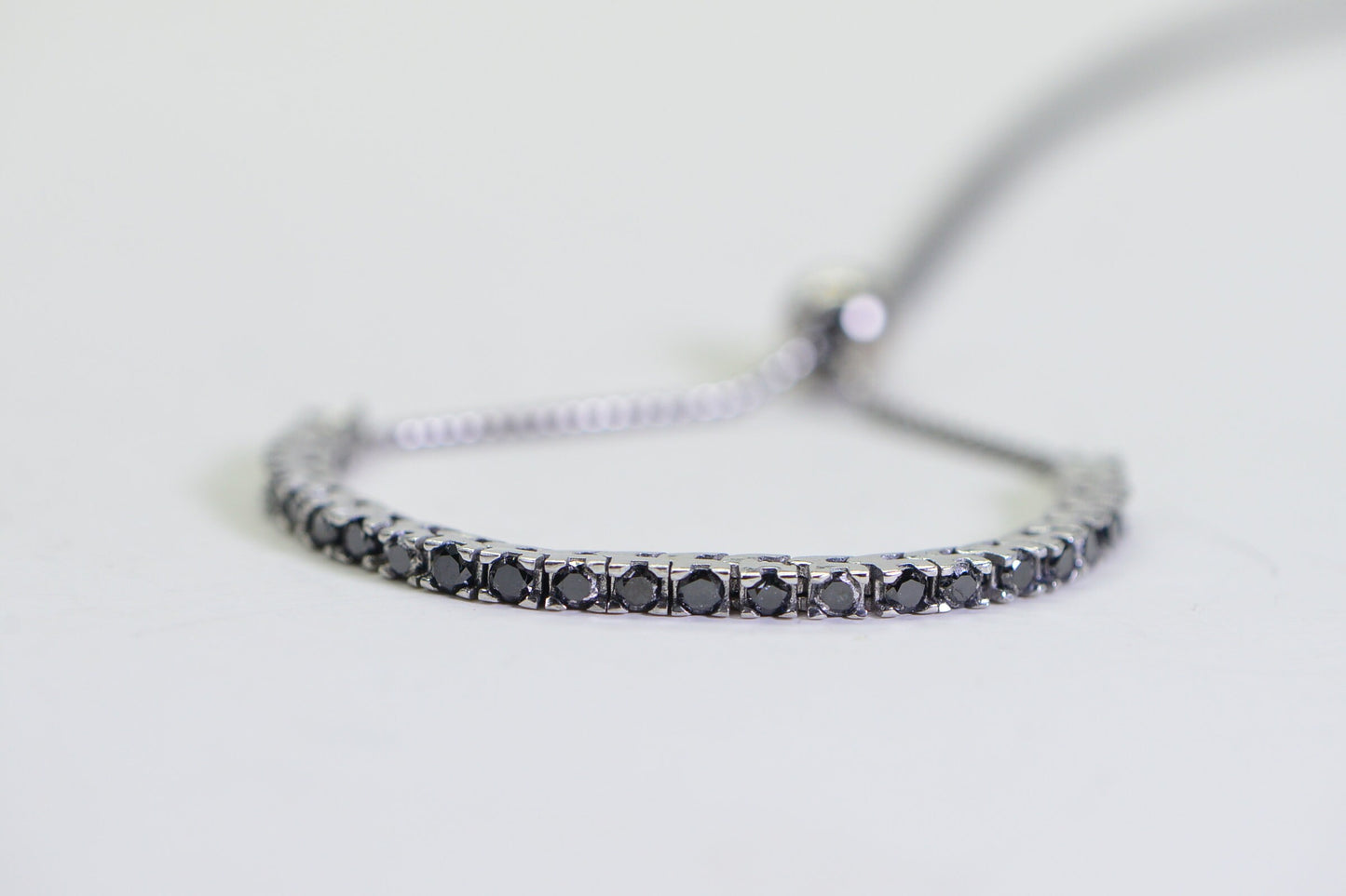 Black Diamond Tiny Bracelet: Round Cut, Sterling Silver Bolo Bracelet