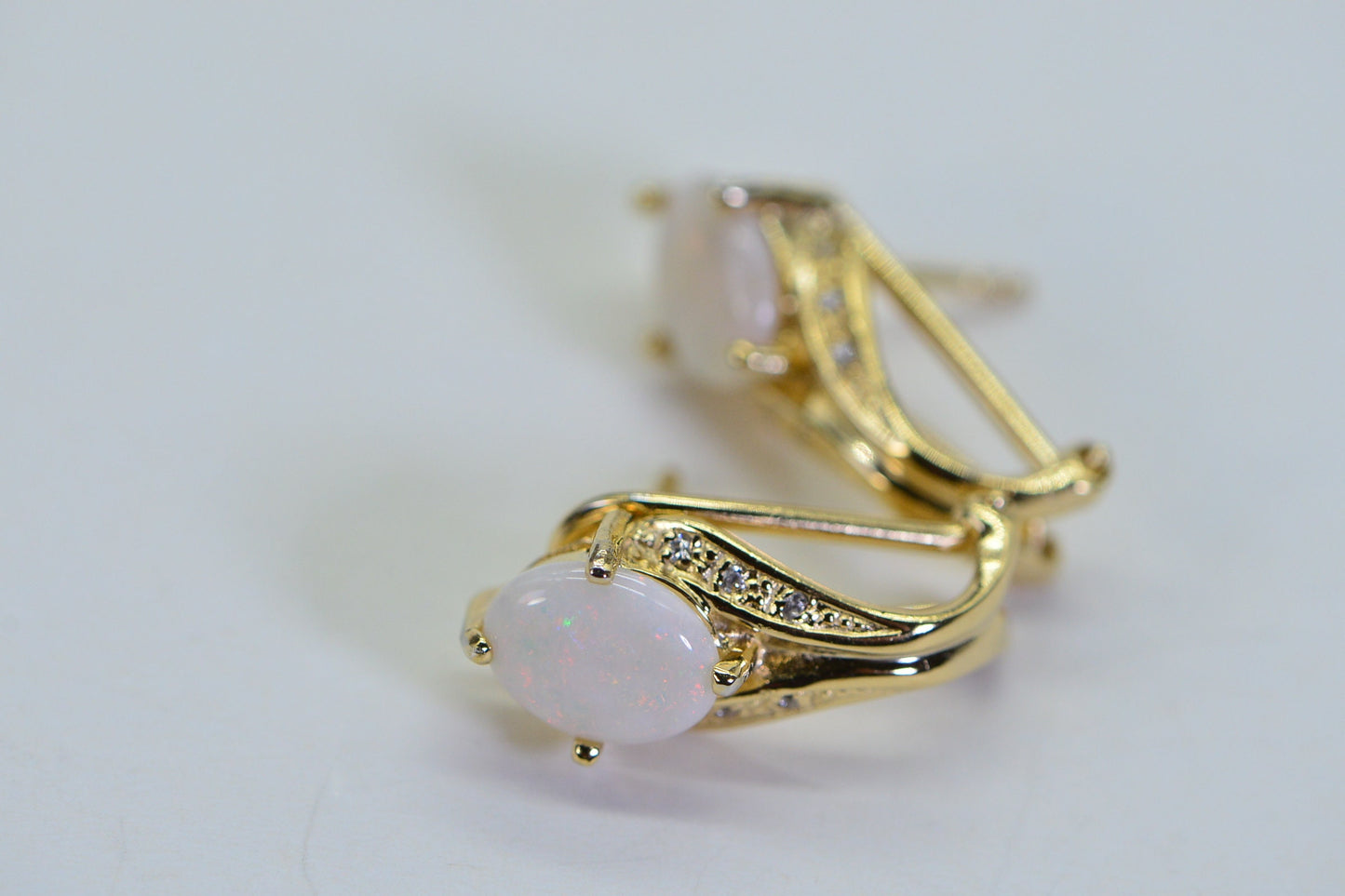 Australian White Opal Earrings, Simulated Diamond, 14K Gold Over Sterling Silver