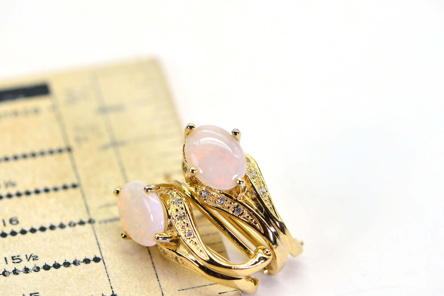 Australian White Opal Earrings, Simulated Diamond, 14K Gold Over Sterling Silver