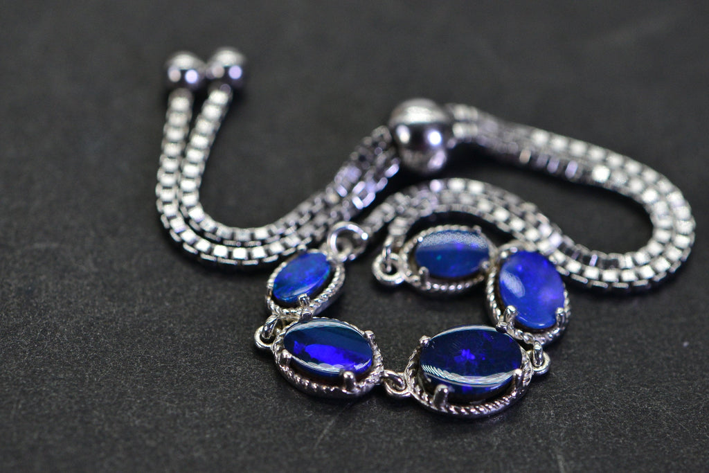 Australian Black  Opal Bracelet, Blue Opal Doublet  , Natural Opal Bracelet Bolo Adjustable Genuine Opal Bracelet Raw Crystal Opal Gemstone