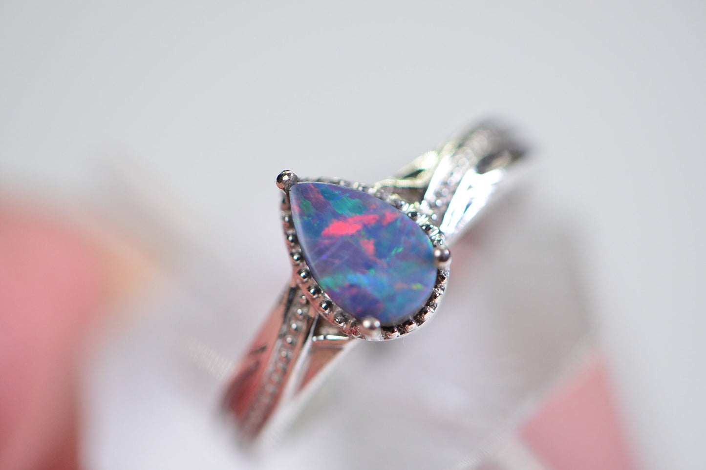 Australian Opal Ring: Teardrop Sterling Silver Stacking Band
