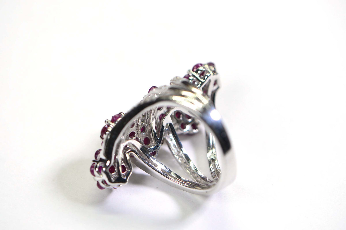 Ruby Flower Cluster Ring: 14K White Gold & Sterling Silver Cocktail Ring
