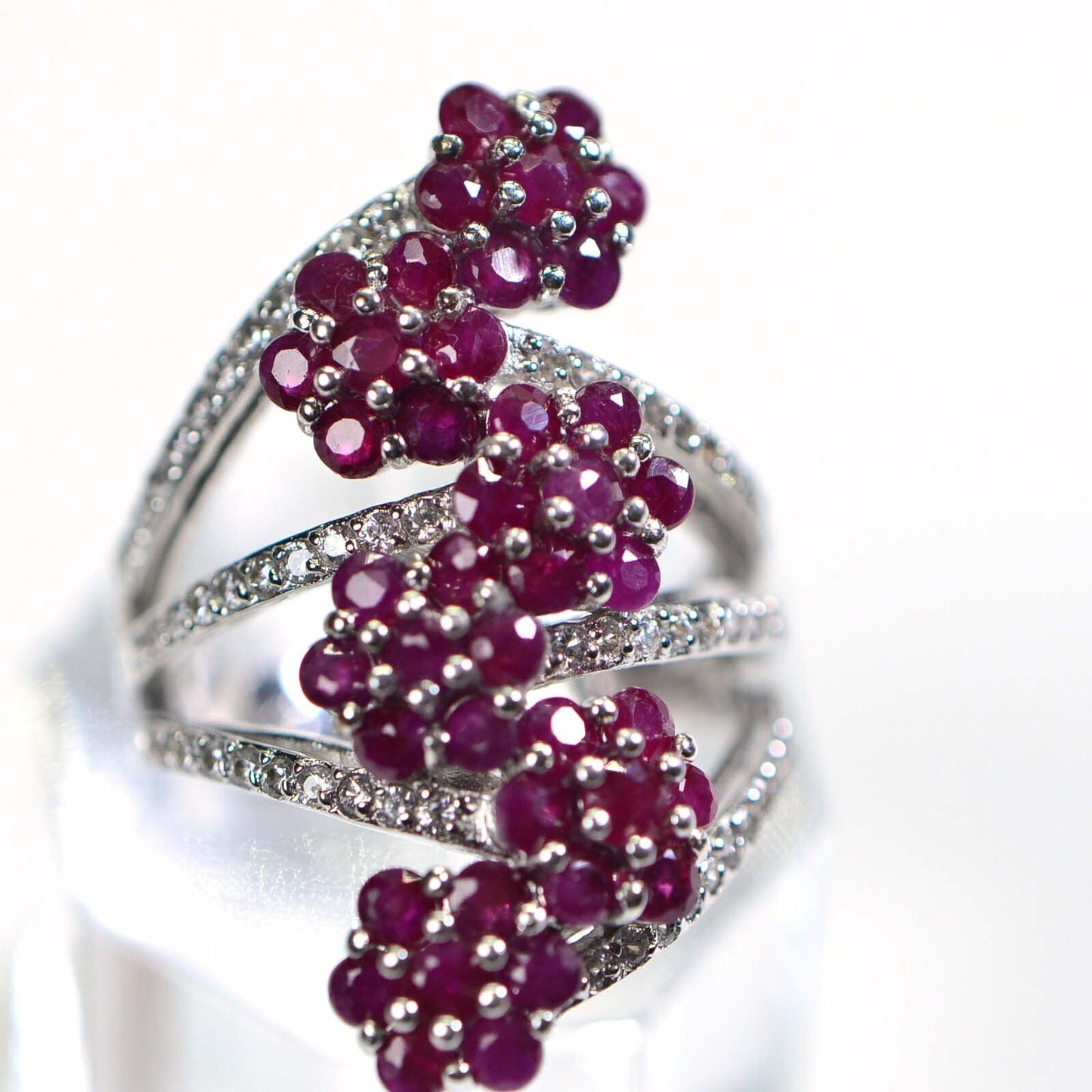 Ruby Flower Cluster Ring: 14K White Gold & Sterling Silver Cocktail Ring