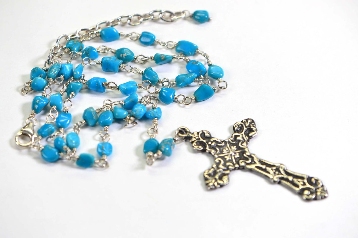 Sleeping Beauty Turquoise Rosary Necklace: Sterling Silver Cross, December Birthstone